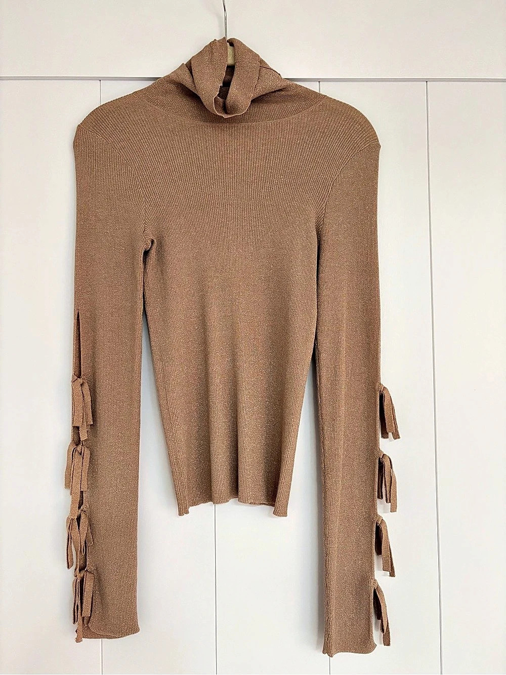 cinq à sept Allyson Tie Sleeve Knit Turtleneck Blouse Brown Small